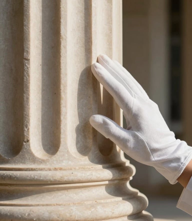 A vertical macro shot of a white-gloved hand gently inspecting a flawless fluted limestone column, soft afternoon side-light.