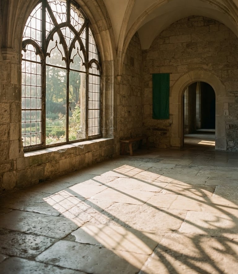 Soft morning light filtering through a high arched window, casting long serene shadows on a clean stone floor, minimalist and calm atmosphere