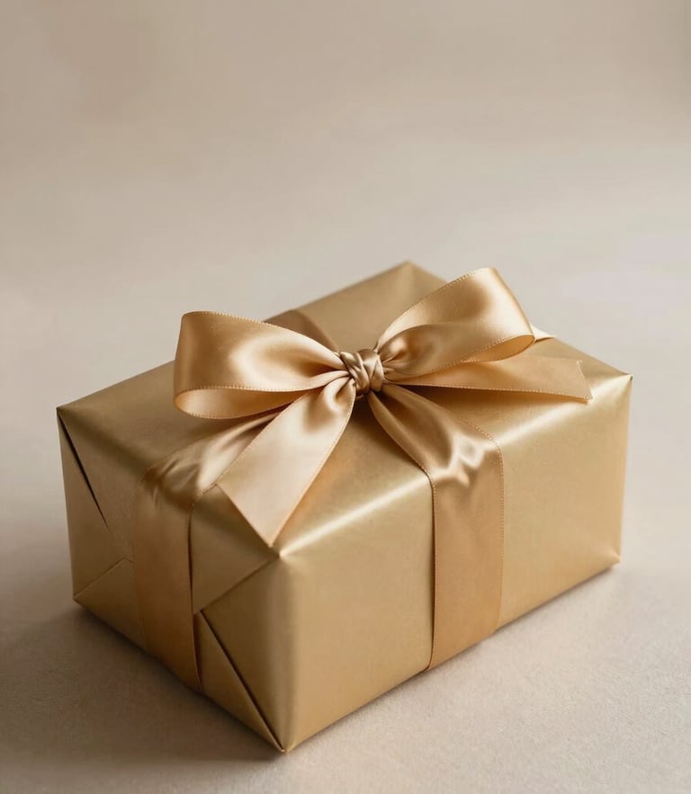 Un coffret cadeau luxueux enveloppé d'un ruban de satin doré, posé sur un fond crème texturé, lumière douce de fin d'après-midi.