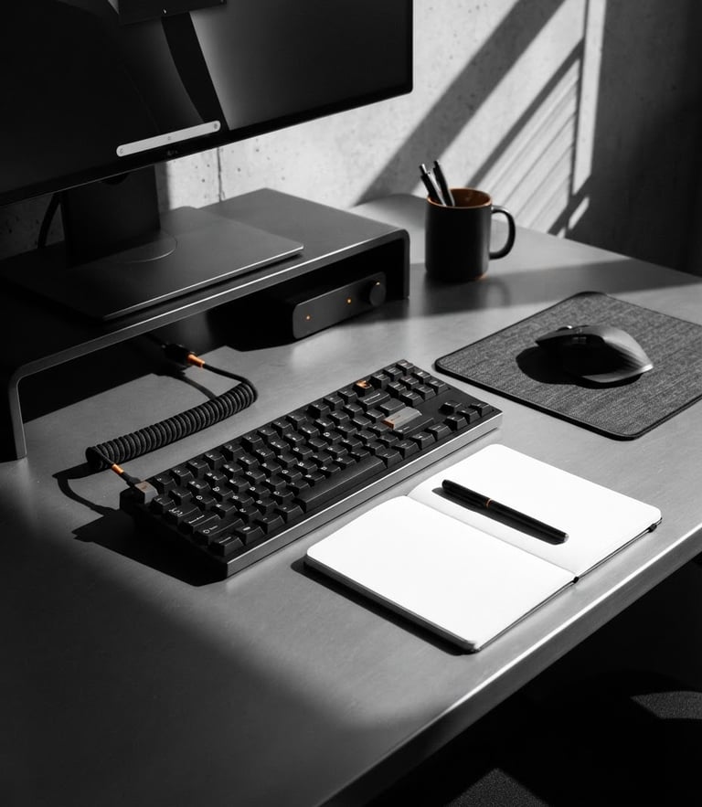 Sleek metallic desk setup with a black mechanical keyboard, minimalist notebook, and sharp architectural shadows, studio lighting, high-contrast monochrome with subtle orange accents