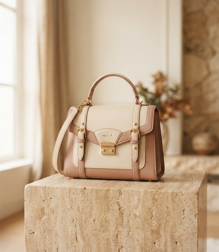 An elegant structured leather handbag placed on a warm travertine stone plinth, soft diffused window light, cream and dusty pink tones, shallow depth of field, 35mm