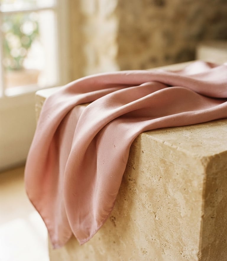 Close-up of elegant dusty pink silk scarf draping softly over a warm beige stone pedestal, diffused natural window light, editorial photography, 35mm