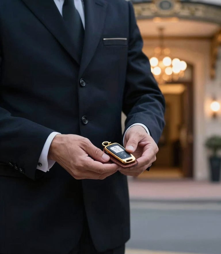 Cinematic twilight shot of a tailored valet attendant in a crisp dark uniform, hands holding a gold-embossed leather key fob, soft background glow from an elegant venue entrance.
