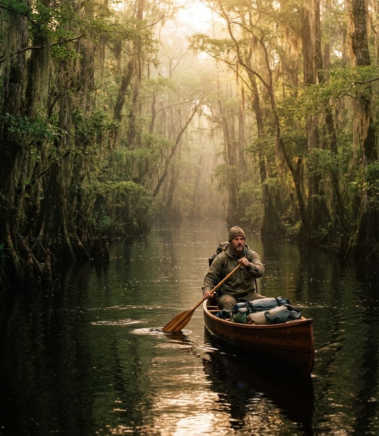 Warm golden hour 35mm photo of a traveler paddling a wooden canoe down a narrow cypress-canopied blackwater river, misty atmosphere, rich forest green tones.