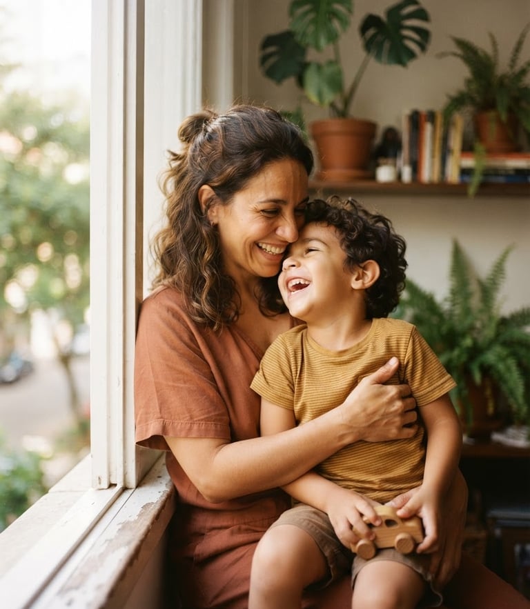 Warm portrait of a Brazilian mother and child laughing together near a sunlit window, soft earthy tones, shallow depth of field, 35mm