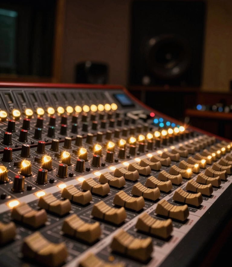 Low-angle cinematic shot of a legendary vintage mixing console, warm golden dial lights glowing in a dimly lit, high-end recording studio, anamorphic lens flare