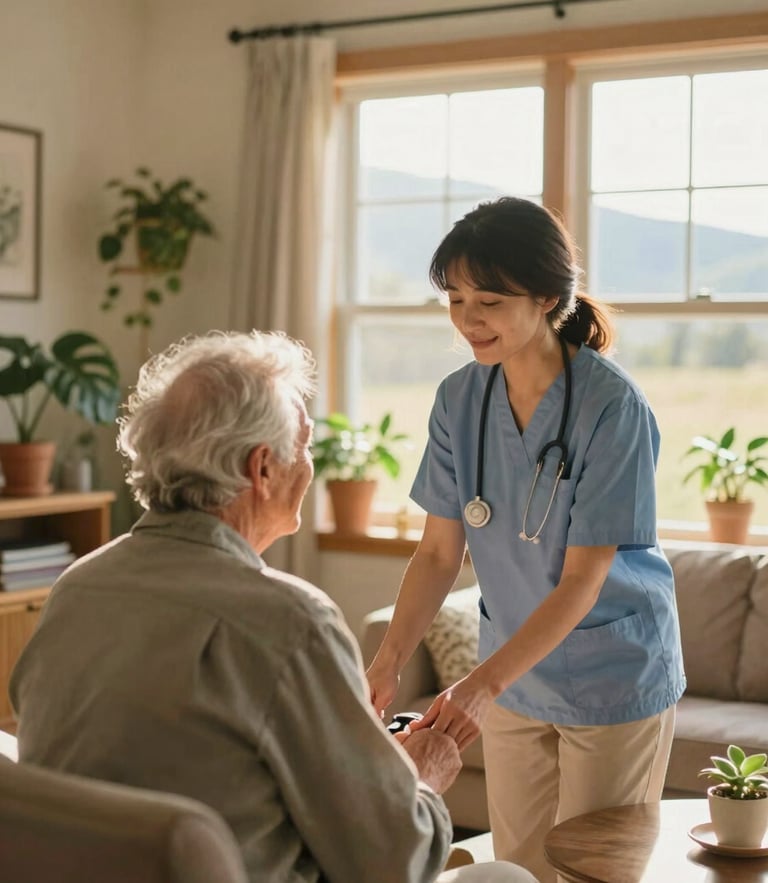 A caregiver assisting an elderly individual in a sunlit Colorado living room filled with plants, warm natural window light, 35mm