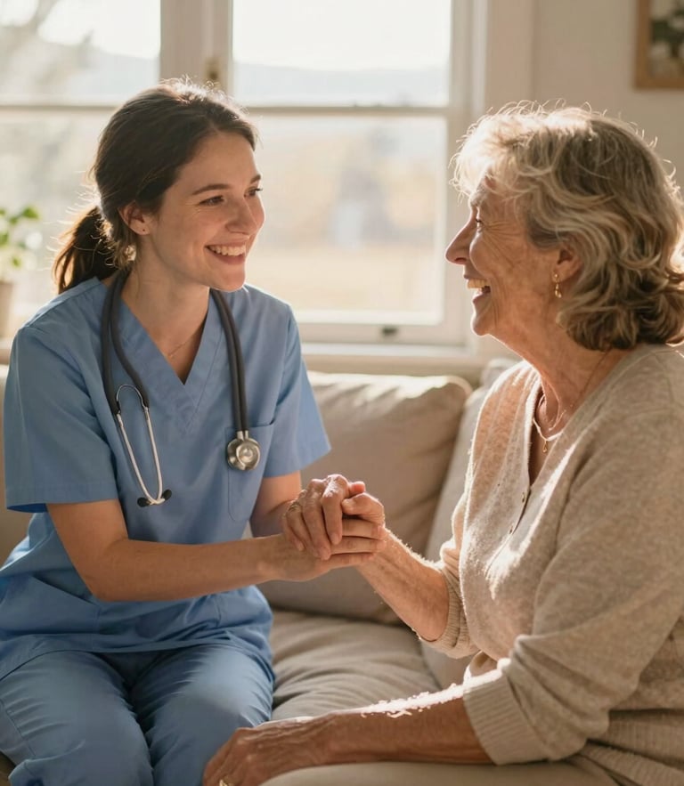 A warm, sunlit living room in Colorado where a caring nurse holds the hand of an elderly woman, both laughing together, soft golden-hour window light, shallow depth of field, 35mm.
