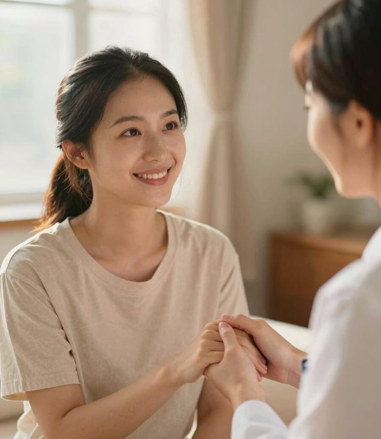 A warm, natural light portrait of a patient smiling gently next to a caregiver holding their hand, soft focus background, 35mm