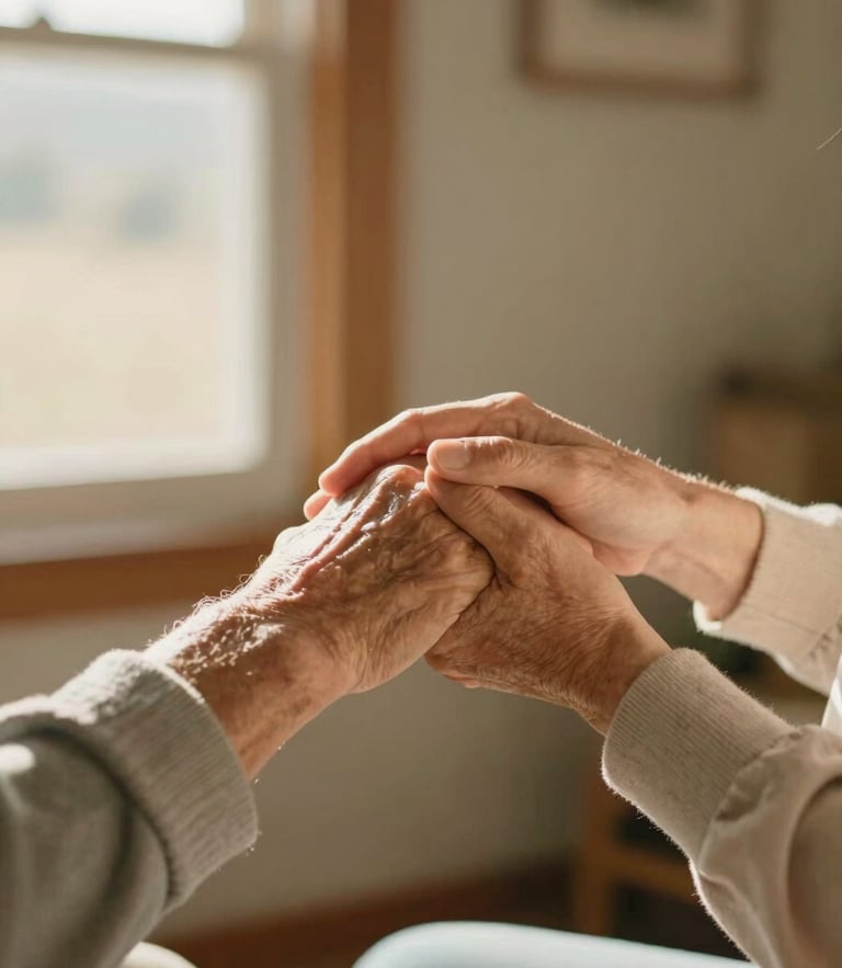A warm close-up of a caregiver gently holding an elderly person's hand in a sunlit Colorado home, soft window daylight, shallow depth of field, Lora aesthetic