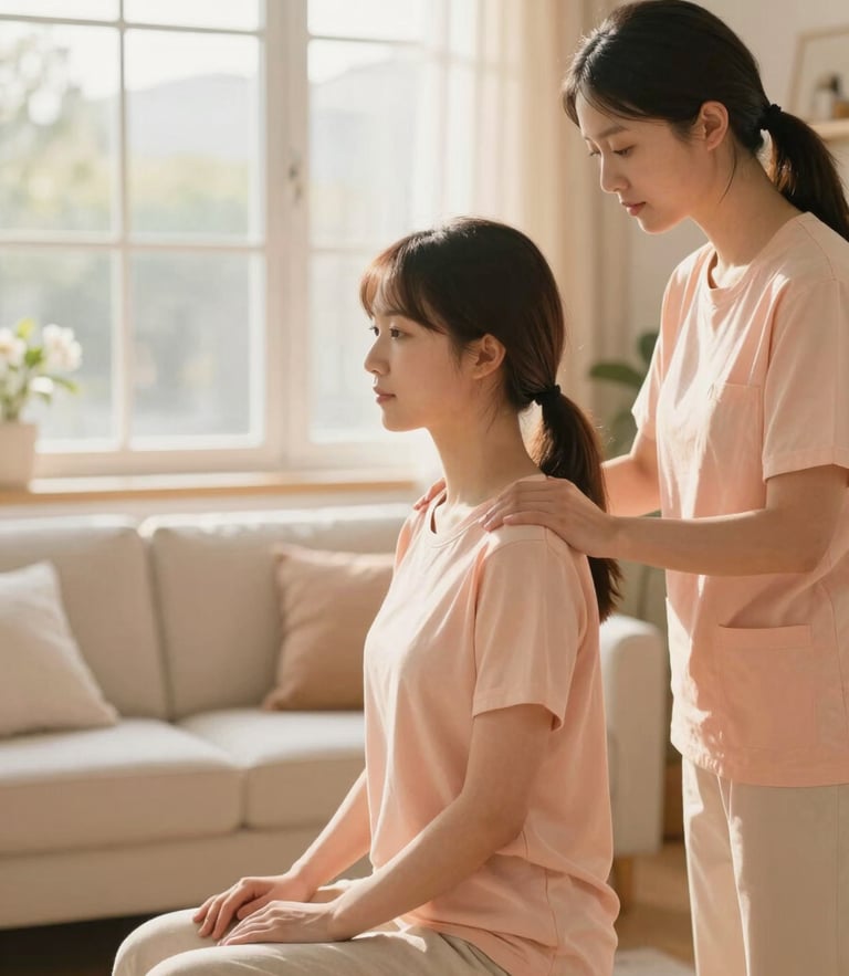 A caregiver gently assisting a seated individual with mobility exercises in a sunlit living room, soft window daylight, warm peach and cream tones, 35mm.