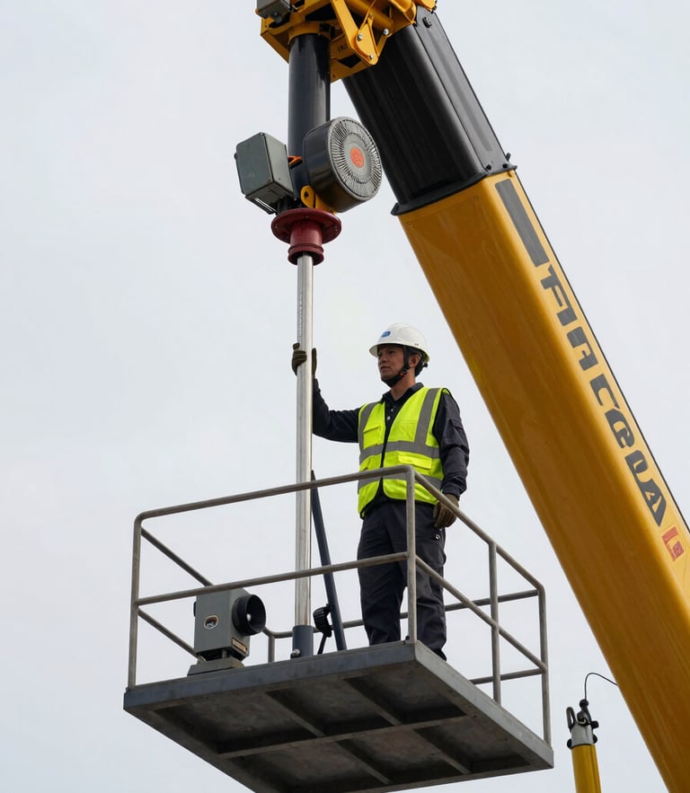 Low-angle shot of a certified crane operator in a hardhat and high-visibility vest, operating a heavy Hiab crane controller, harsh daylight, metallic textures