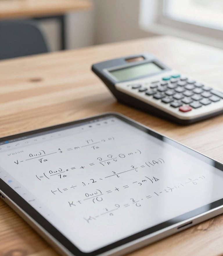 A close-up of a handwritten mathematics diagram on a digital tablet, a scientific calculator nearby on a clean wooden desk, bright natural South African daylight, soft focus background, 35mm