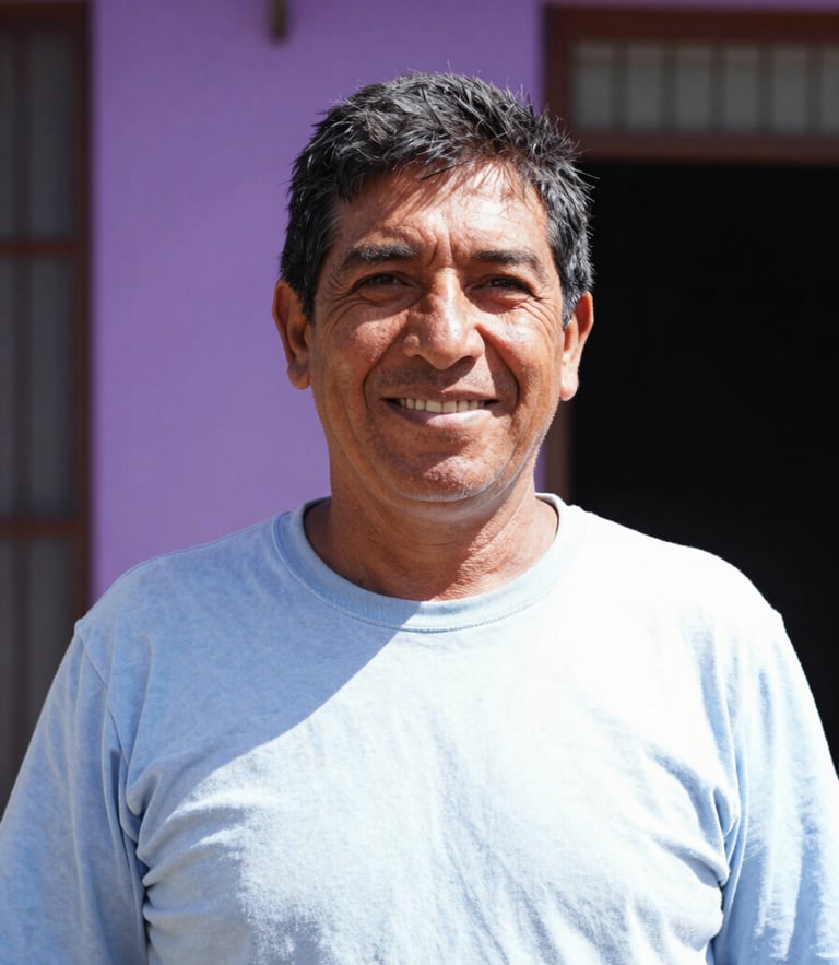 Environmental portrait of a friendly Argentine worker smiling, bright natural daylight, vibrant violet background details, outdoor setting, shallow depth of field, 35mm