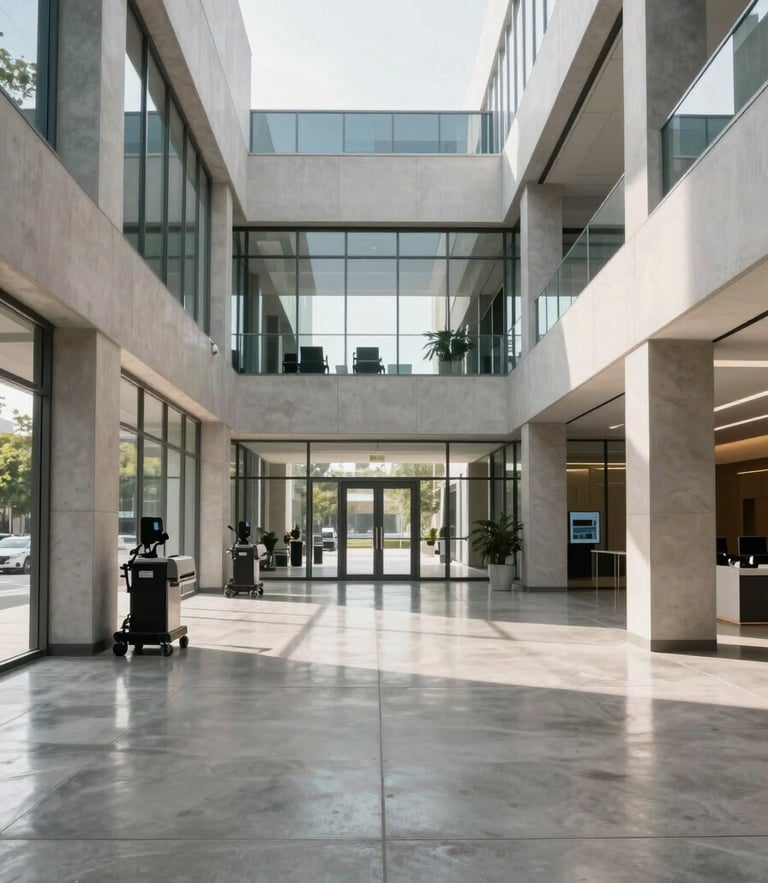 Symmetrical architectural shot of a modern corporate building lobby with clean polished concrete floors, bright neutral daylight streaming through glass walls, professional maintenance equipment placed neatly to the side.