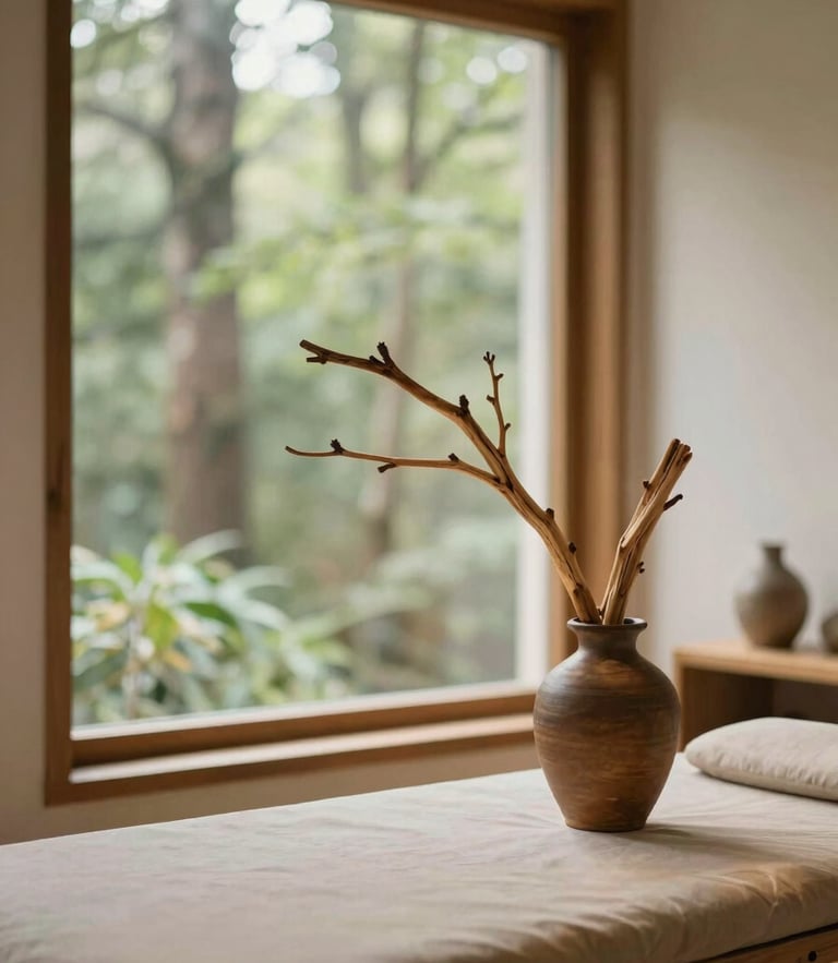 Soft diffused daylight illuminating a minimalist treatment room with warm wood accents and a single branch of Himalayan cedarwood in a clay vase, 35mm photography