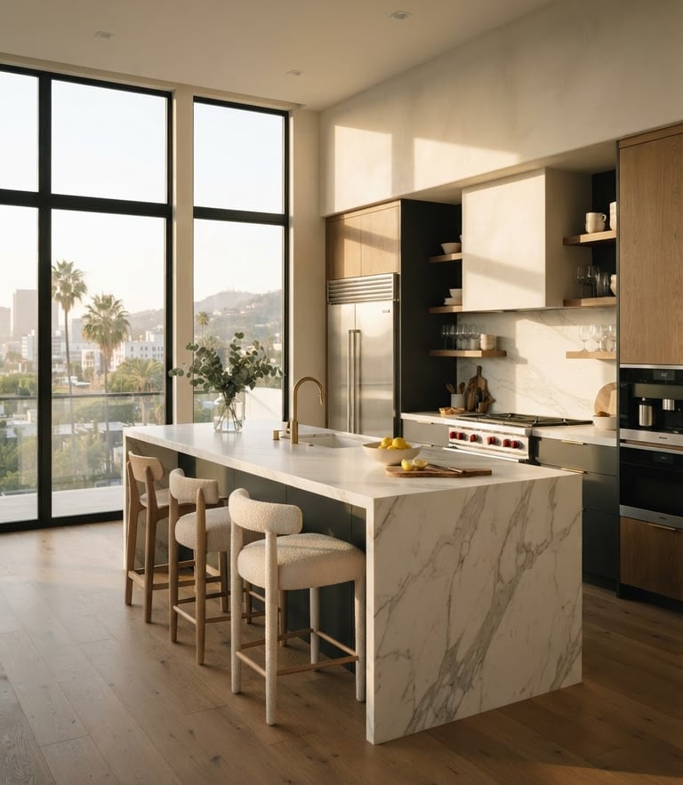 Cinematic slow panning video frame of a pristine luxury modern apartment kitchen in Los Angeles, warm afternoon sunlight pouring through massive windows, flawless marble countertops.