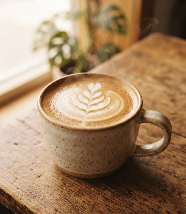 Close-up of a steaming ceramic mug of latte art on a warm wooden table, soft morning window light, rich espresso crema, shallow depth of field, 35mm