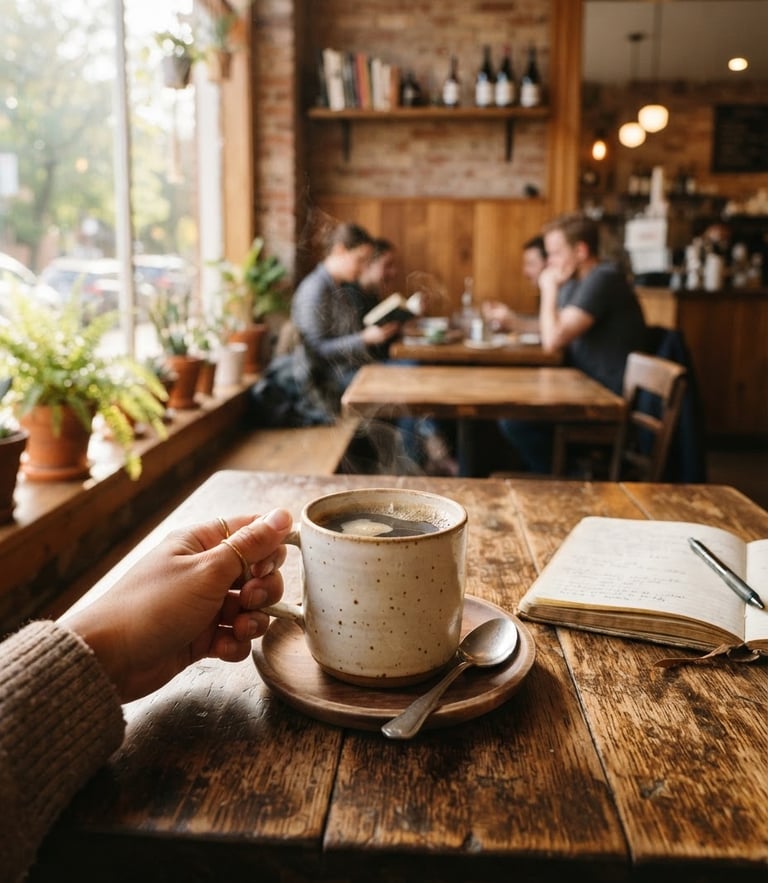 Warm editorial photography of a cozy cafe interior with soft morning window light, rich wooden tables, and a steaming mug of coffee, 35mm