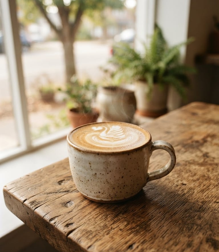 Warm editorial photograph of a steaming ceramic mug with beautiful latte art sitting on a rustic wooden table, soft morning window light, shallow depth of field