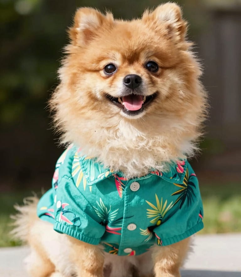 A happy fluffy Pomeranian wearing a vibrant tropical teal shirt, sitting proudly in bright daylight, eye-level shot, bright cheerful pet photography, natural daylight, vibrant saturated colors, shallow depth of field, sharp focus, 35mm lens