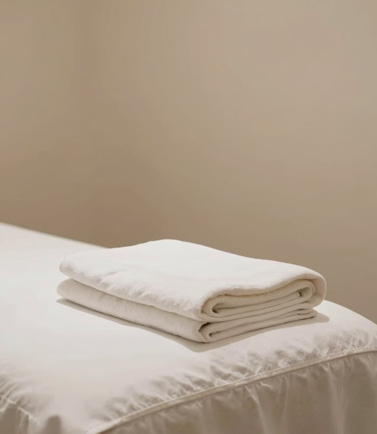 Serene empty treatment room with crisp white folded linen on a massage table, soft warm ambient lighting, minimalist clinical-zen atmosphere.