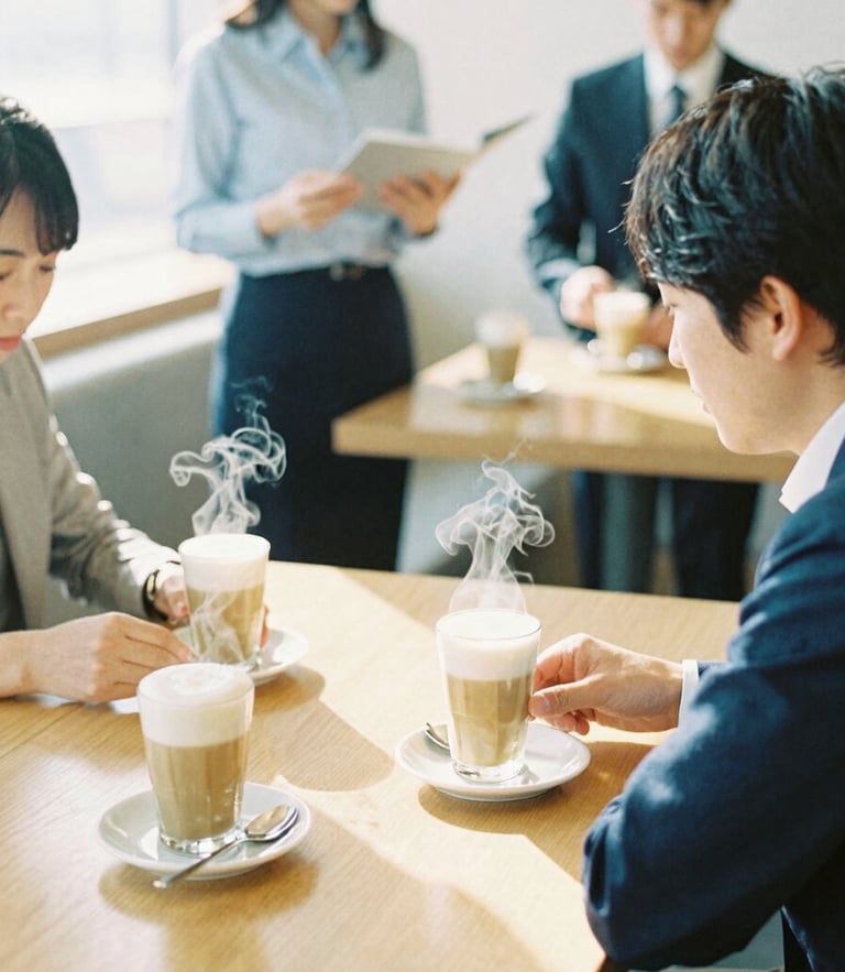 Candid lifestyle shot of a corporate team collaborating in a light-filled Tokyo hotel lounge, warm morning light, steaming flat whites on the wooden table, 35mm film look