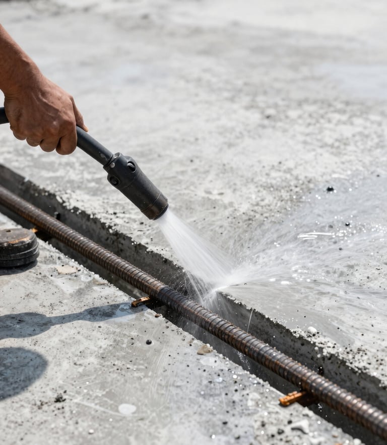 Close-up of a worker using a high-pressure water jet to clean exposed steel reinforcement bars in a concrete slab, bright daylight, high contrast, water droplets, sharp industrial textures