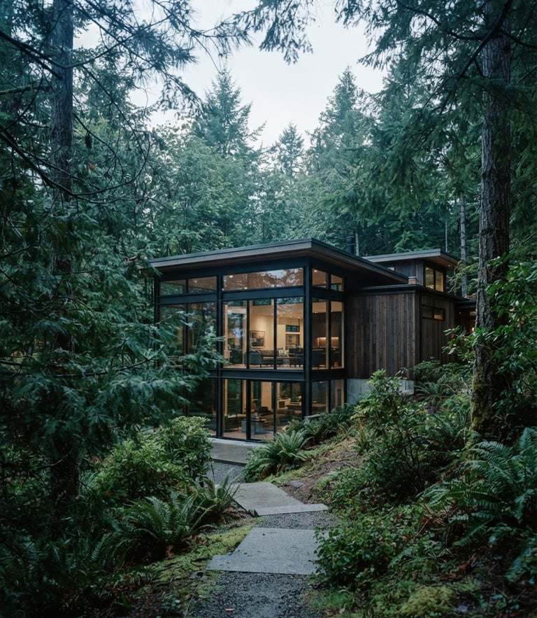 Crisp editorial photo of a modern Seattle home nestled in lush green pine trees under soft overcast morning daylight, architectural framing, 35mm lens