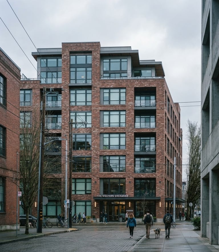 Crisp editorial photograph of a modern brick office building on Western Avenue in Seattle, soft overcast morning daylight, cool slate blue tones, architectural framing, 35mm lens.