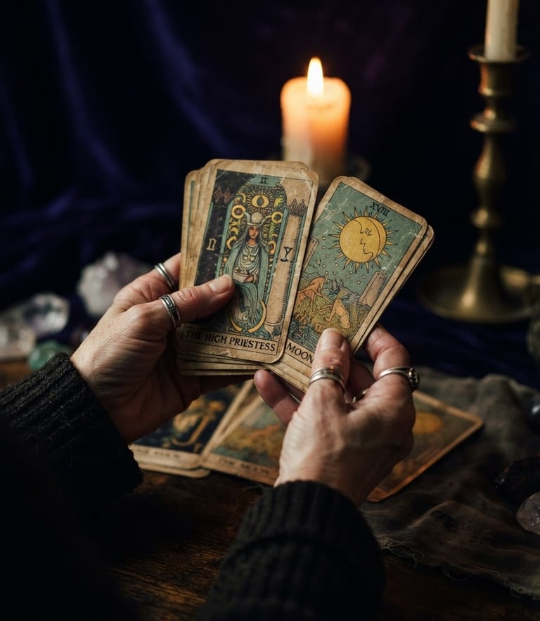 Close-up of hands holding ancient tarot cards under warm dramatic candlelight, deep indigo background, mystical shadows, 35mm lens