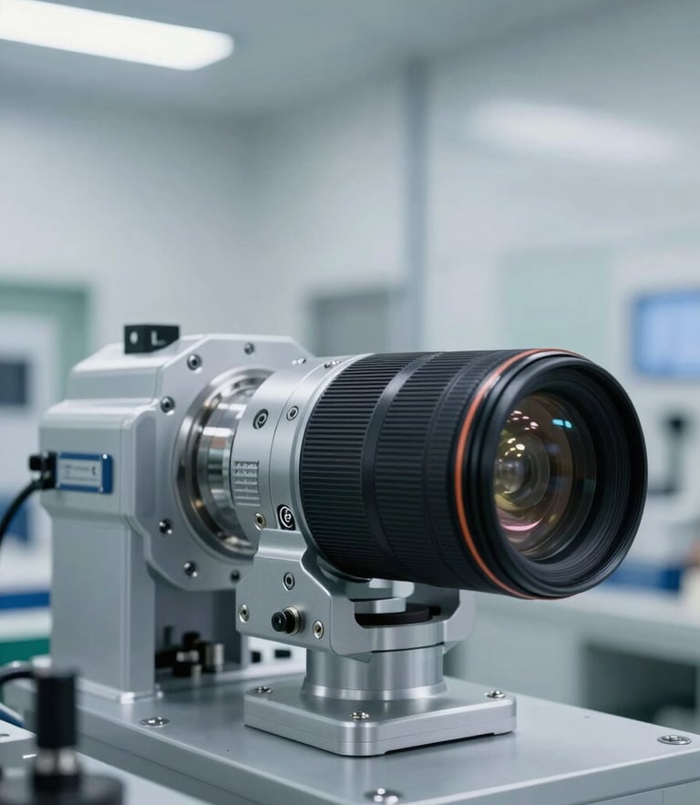 Sharp close-up of high-tech industrial components in a clean, cool-toned daylight warehouse environment, 35mm lens