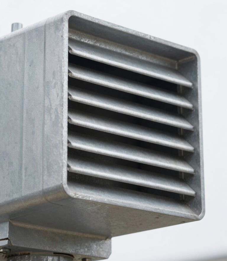 Crisp industrial close-up of a heavy-duty aluminum louvred vent actuator, bright overcast daylight, cool metallic tones, sharp focus, 35mm