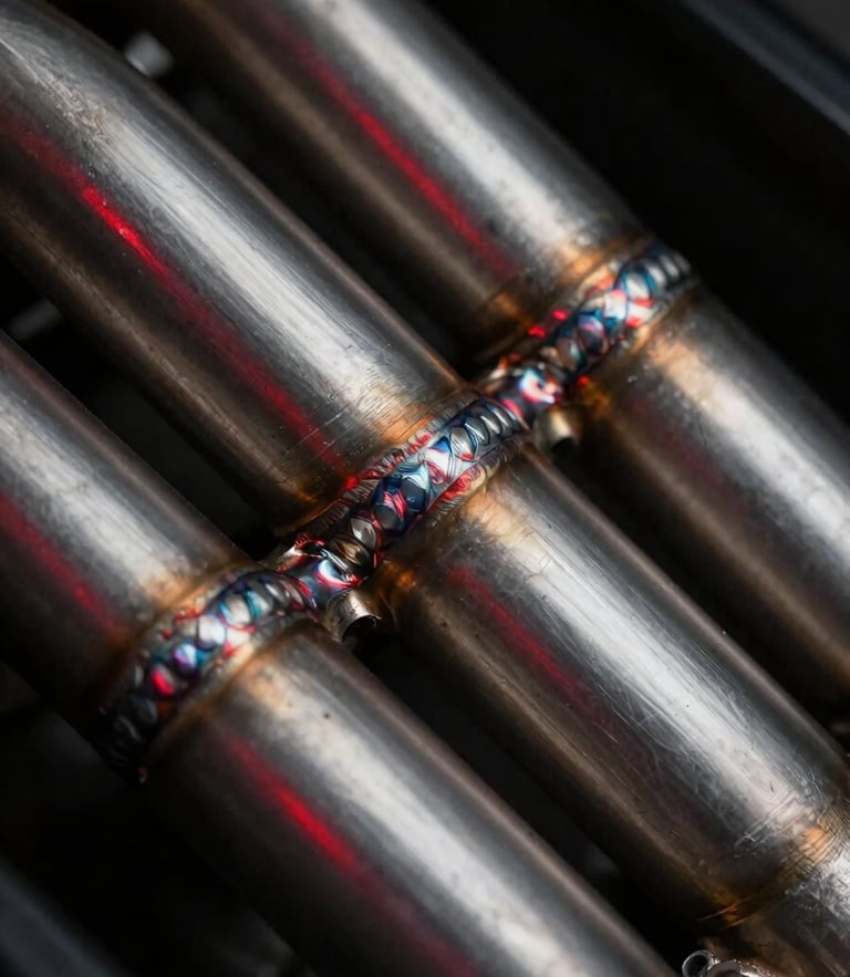 Macro shot of a custom titanium exhaust manifold with precise TIG welds, low-key lighting, dramatic red highlights reflecting off the metallic surface.