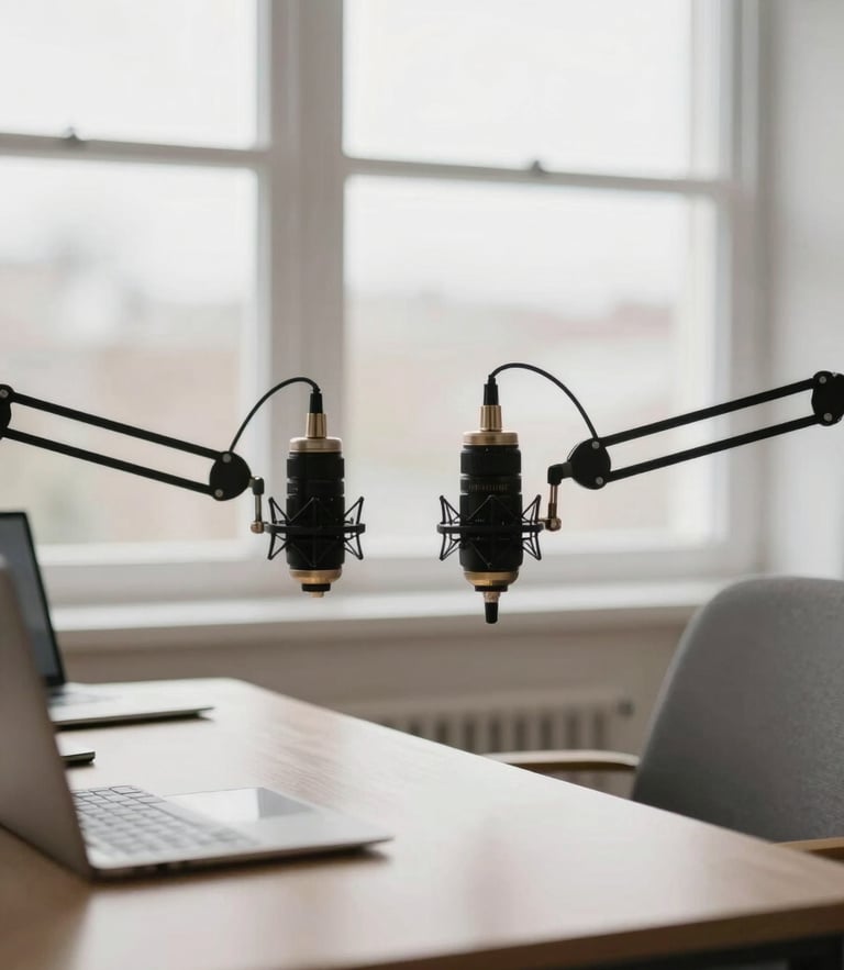 A modern, bright workspace with a high-end podcast setup, soft overcast daylight, muted neutral tones, sharp focus, 35mm lens.
