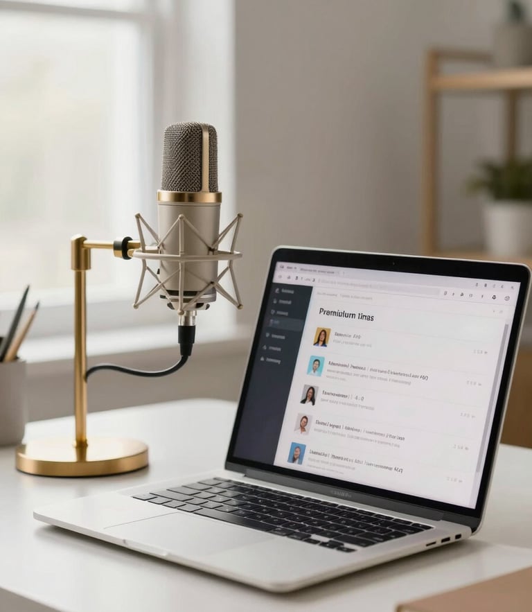 A premium modern creator studio setup, soft natural daylight, high-end microphone, clean desk with an open laptop showing a language learning app interface, gold accents