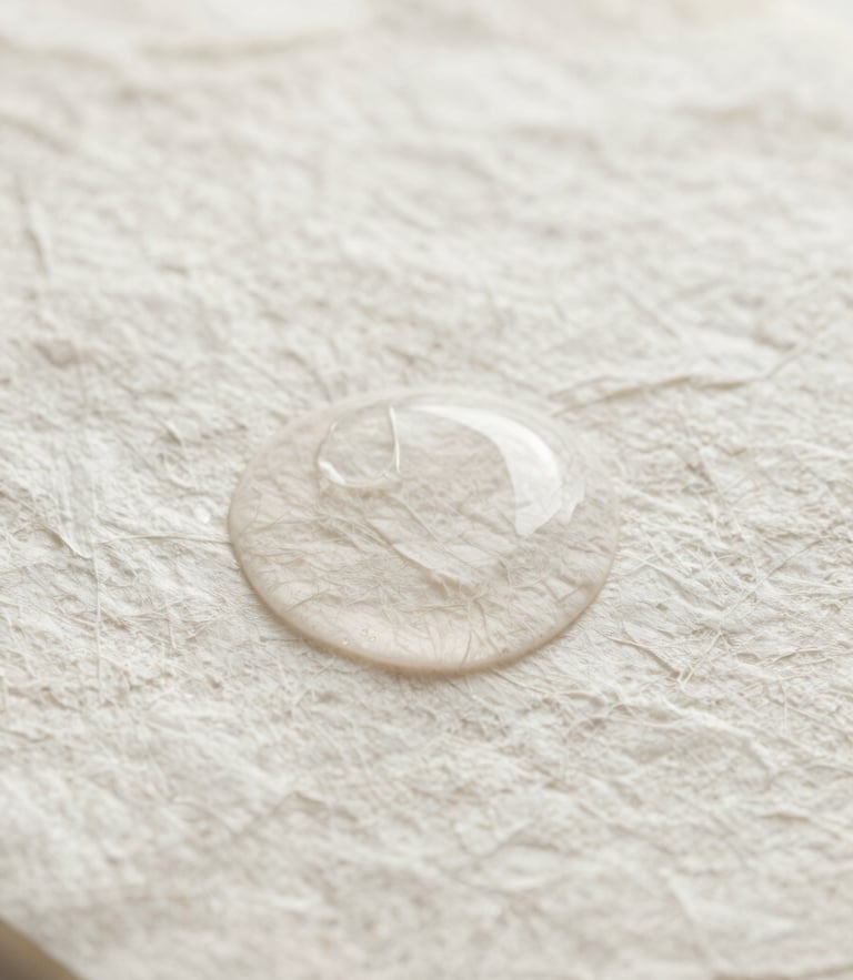 Macro shot of a viscous clear serum droplet on a textured washi paper background, soft diffused natural light, absolute purity and minimalist Japanese aesthetic