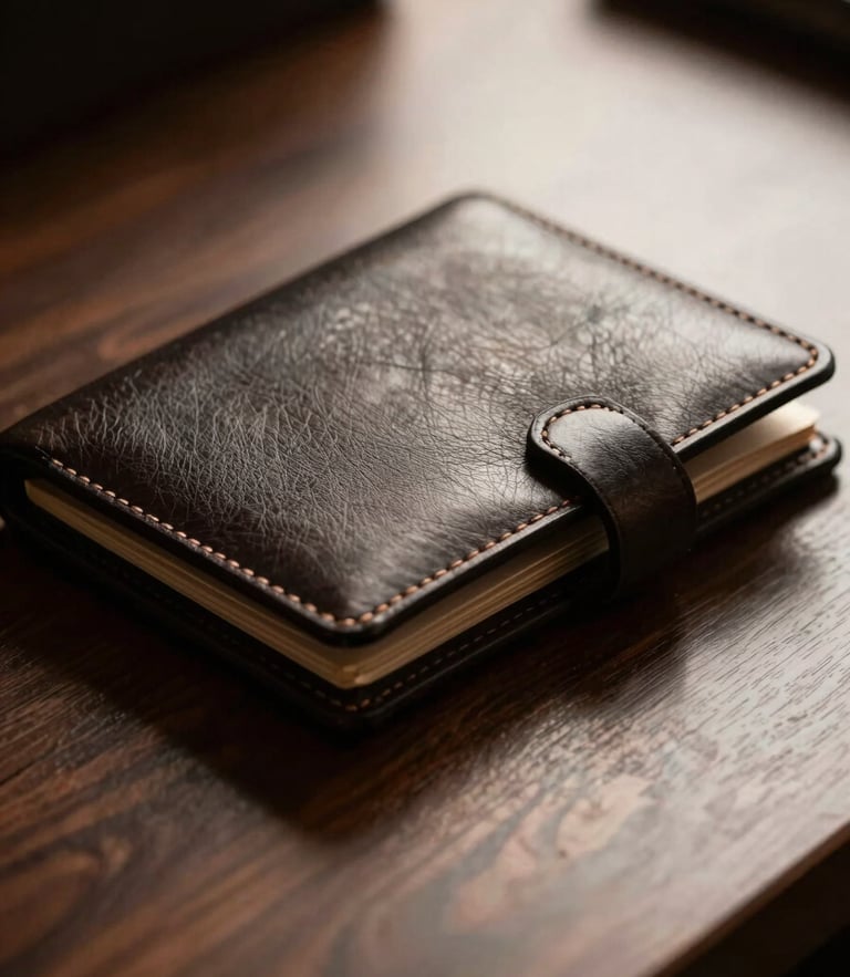 Macro shot of structured dark leather portfolio resting on a polished dark walnut desk, dramatic side-lighting, warm champagne tones, shallow depth of field.