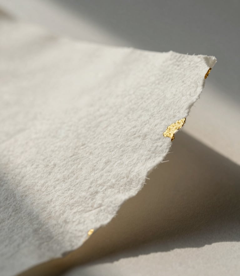 Macro close-up of deckle-edged cotton paper with gold foil details, soft-focus studio morning light, long shadows.