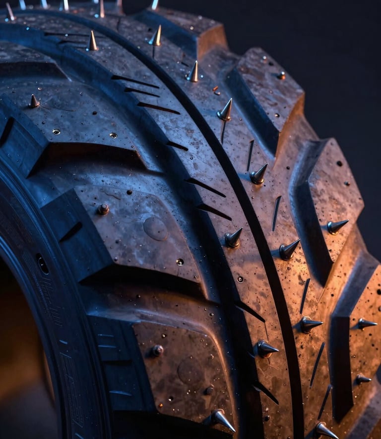 Extreme close-up macro shot of a heavy-duty industrial tire tread resisting sharp steel spikes, dramatic studio key lighting, deep blue shadows and safety orange highlights, 35mm lens.