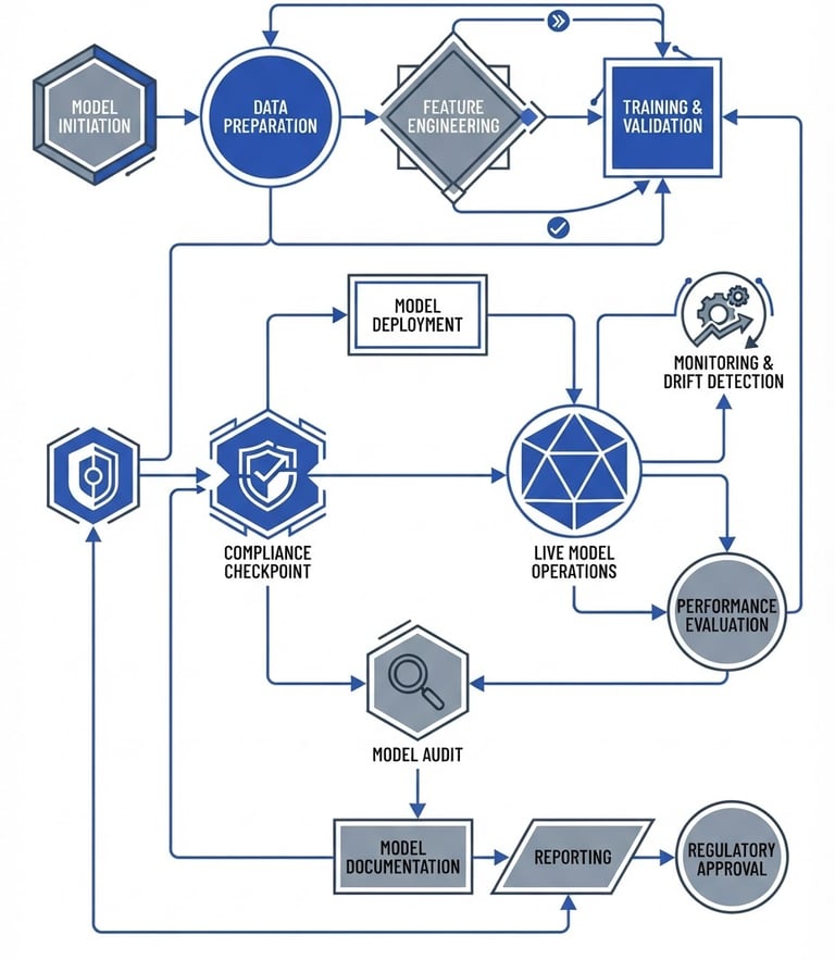 A clean vector illustration of a structured compliance flowchart with cobalt blue and slate gray geometric nodes, representing an auditable model lifecycle, white background, high-contrast digital schematic.