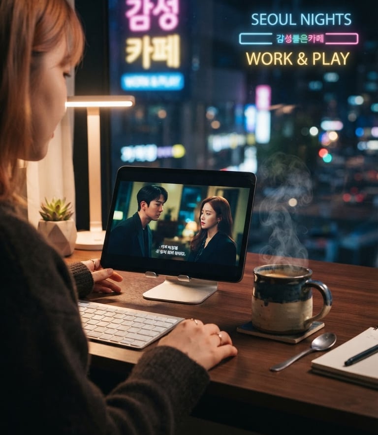 Close-up of a modern Korean workspace in Seoul with neon ambient lighting, a tablet showing a dorama scene, and a steaming cup of coffee