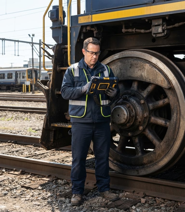Straight-on technical shot of a technician holding a rugged tablet device on-site next to a heavy locomotive wheel, bright direct daylight, high contrast navy tones.