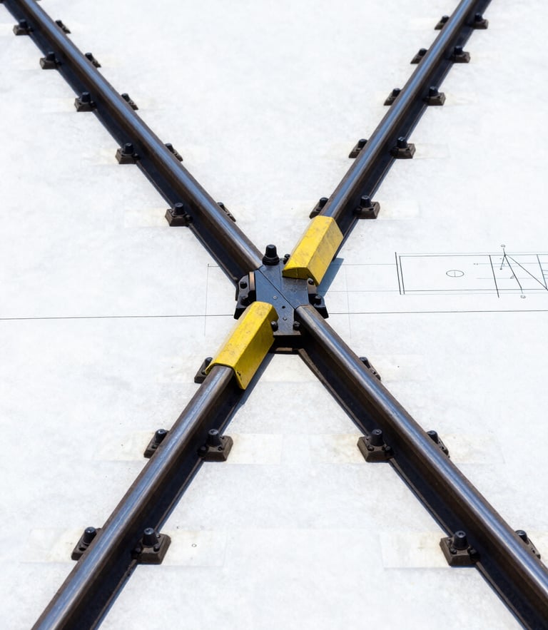 Technical blueprint schematic of a railway turnout assembly, sharp lines, high contrast navy and yellow tones