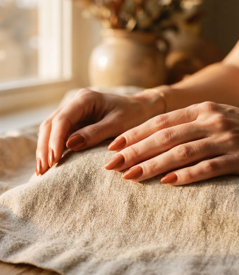 Warm editorial photography of hands with terracotta-toned press-on nails resting on a textured linen cloth, soft golden-hour window light.