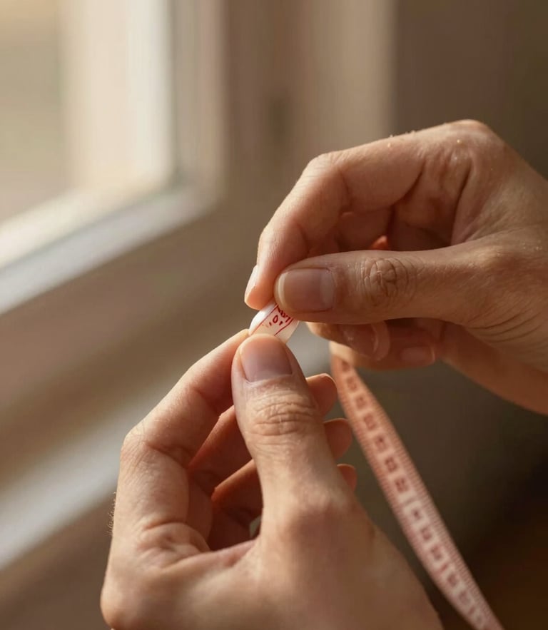 Close-up of hands gently measuring a fingernail with a soft measuring tape, warm earthy tones, shallow depth of field.