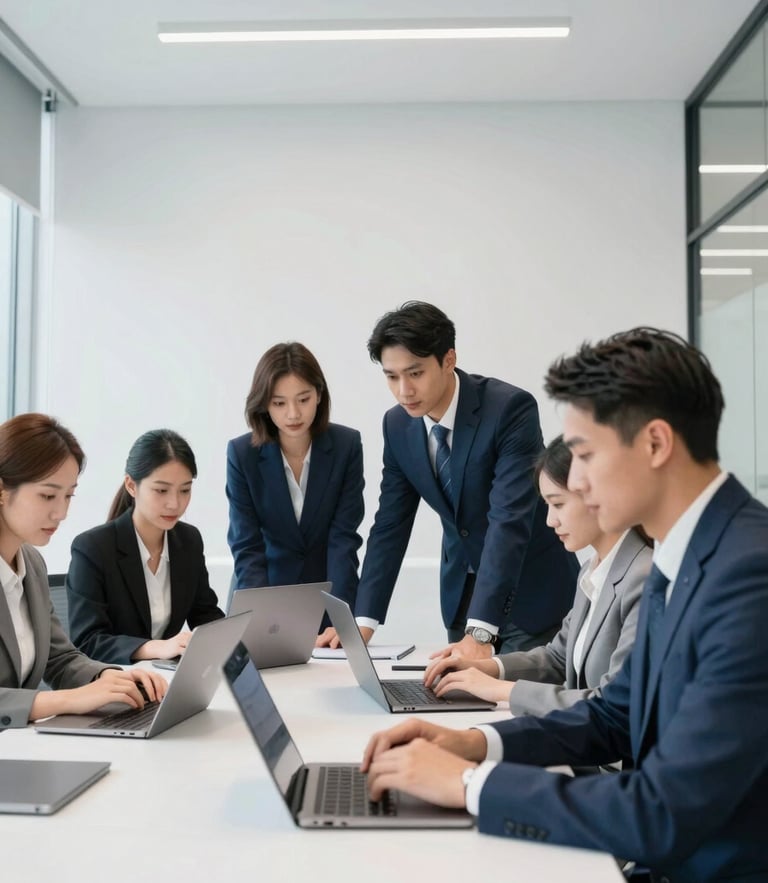 Bright modern corporate office with clean architectural lines, a professional team collaborating around a desk with modern laptops, cool blue and slate tones, sharp focus, 35mm lens.
