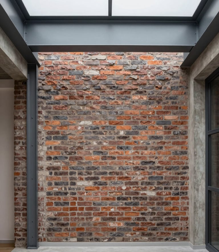 Straight-on architectural photograph of a mid-renovation Brussels townhouse interior, exposed brick wall and structural steel beam, soft overcast daylight, 35mm lens