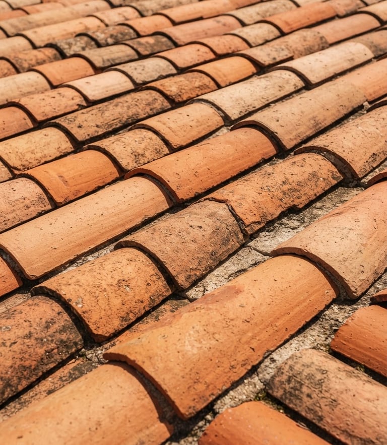 Close-up of traditional terracotta roof tiles aligned perfectly under bright Mediterranean sunlight, warm orange tones, editorial construction photography, 35mm lens