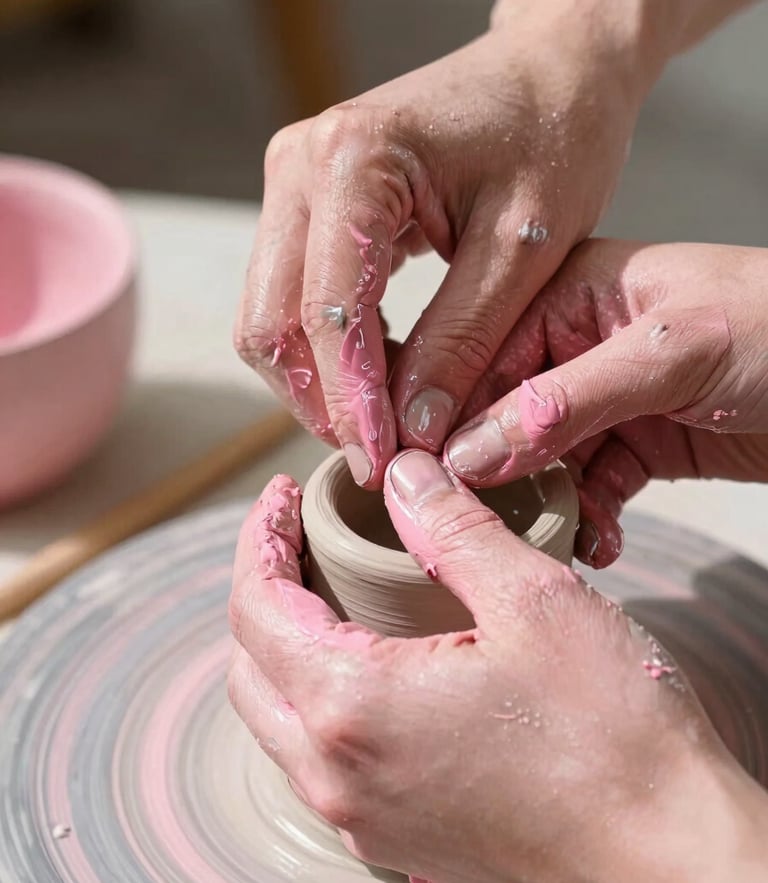 Close-up of hands covered in wet clay and bright pink paint, sculpting a ceramic piece, warm natural daylight, tactile textures, 35mm